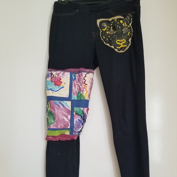 HUE Pants - Stretchy Jean Denim Pants with Handsewn Textiles